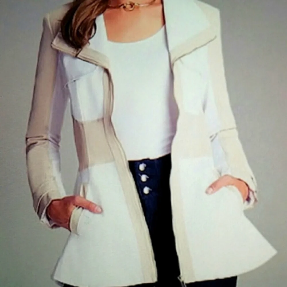 NWT $149 BEBE trench tan beige cream colorblock peplum flare trench jacket S - Picture 2 of 7